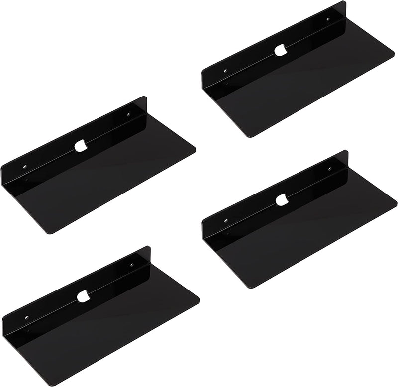 IEEK 4 PCS Small Acrylic Floating Wall Shelves,9 Inch Adhesive Display Shelf for Nintendo Switch/Smart Speaker/Security Cameras/Action Figures,No Damage Expand Wall Space,Black Furniture > Shelving > Wall Shelves & Ledges IEEK Black With Screws and Adhesive Tape  