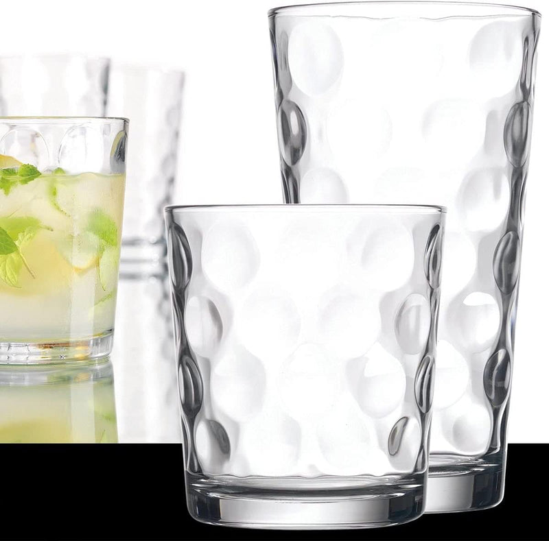 Drinking Glasses Set of 16 - by Home Essentials & beyond - 8 Highball Glasses (17 Oz.), 8 Rocks Whiskey Glass Cups (13 Oz.), Inner Circular Lensed Kitchen Glass Cups for Water, Juice and Cocktails. Home & Garden > Kitchen & Dining > Tableware > Drinkware Home Essentials & Beyond   
