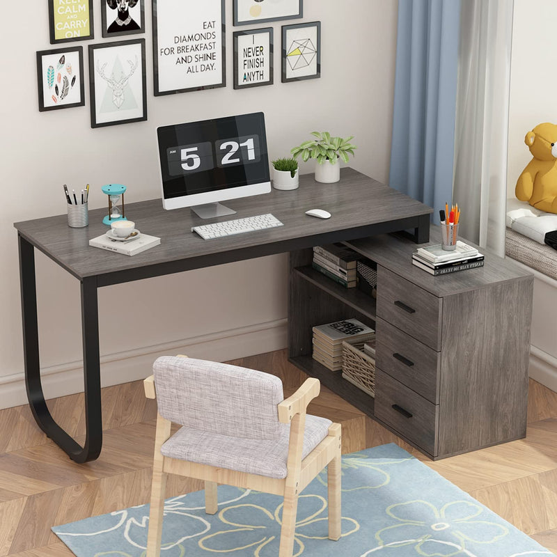 Homsee Home Office Computer Desk Corner Desk with 3 Drawers and 2 Shelves, 55 Inch Large L-Shaped Study Writing Table with Storage Cabinet - Dark Grey Home & Garden > Household Supplies > Storage & Organization Homsee   