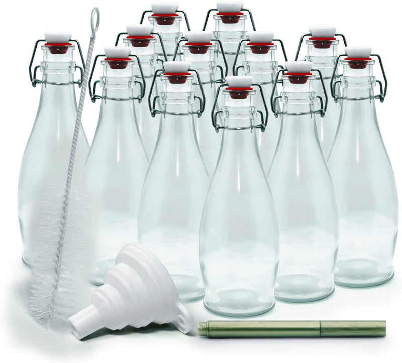 Nevlers Set of 12 | 8.5 Oz. Glass Bottle Set with Swing Top Stoppers and Includes Bottle Brush, Funnel and Gold Glass Marker | Swing Top Glass Bottles | Clear Glass Water Bottle Home & Garden > Kitchen & Dining > Tableware > Drinkware Nevlers 12  