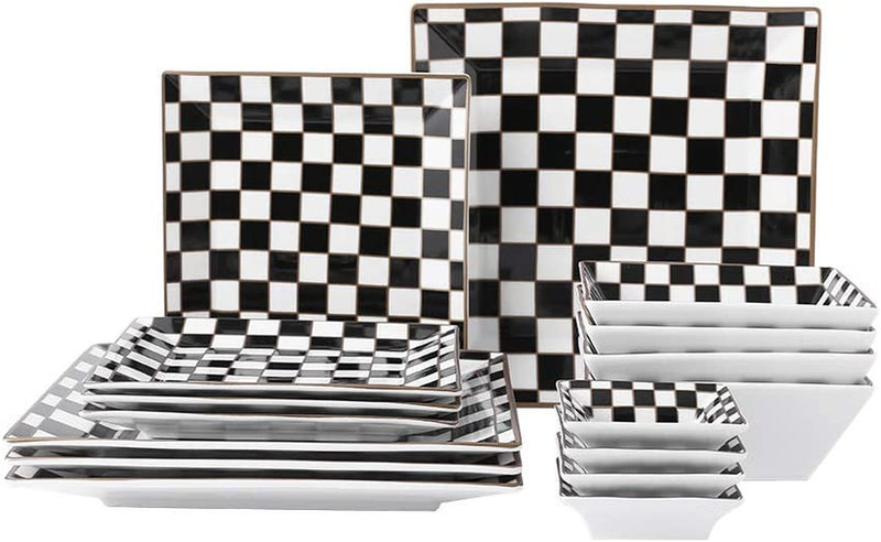 Porlien Checker 16-Piece Square Dinnerware Set for 4 with Side Dishes Home & Garden > Kitchen & Dining > Tableware > Dinnerware Porlien Black/White  