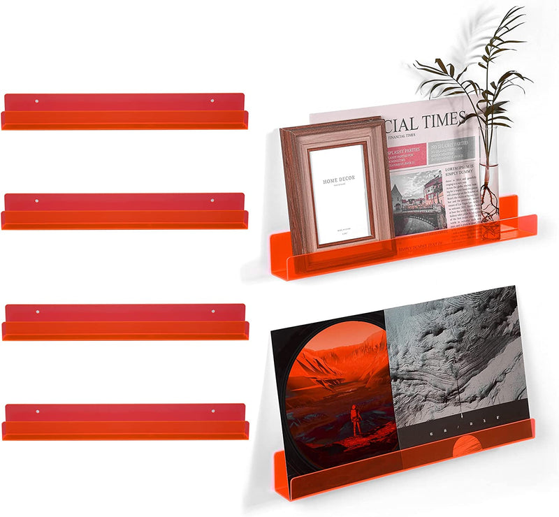 MITIME 4 Pack 15 Inch Acrylic Invisible Kids Floating Bookshelf for Kids Room,Clear Acrylic Picture Ledge Vinyl Record Display Shelf Nail Polish Holder With. (4, Clear Red) Furniture > Shelving > Wall Shelves & Ledges MITIME Clear Red 4 