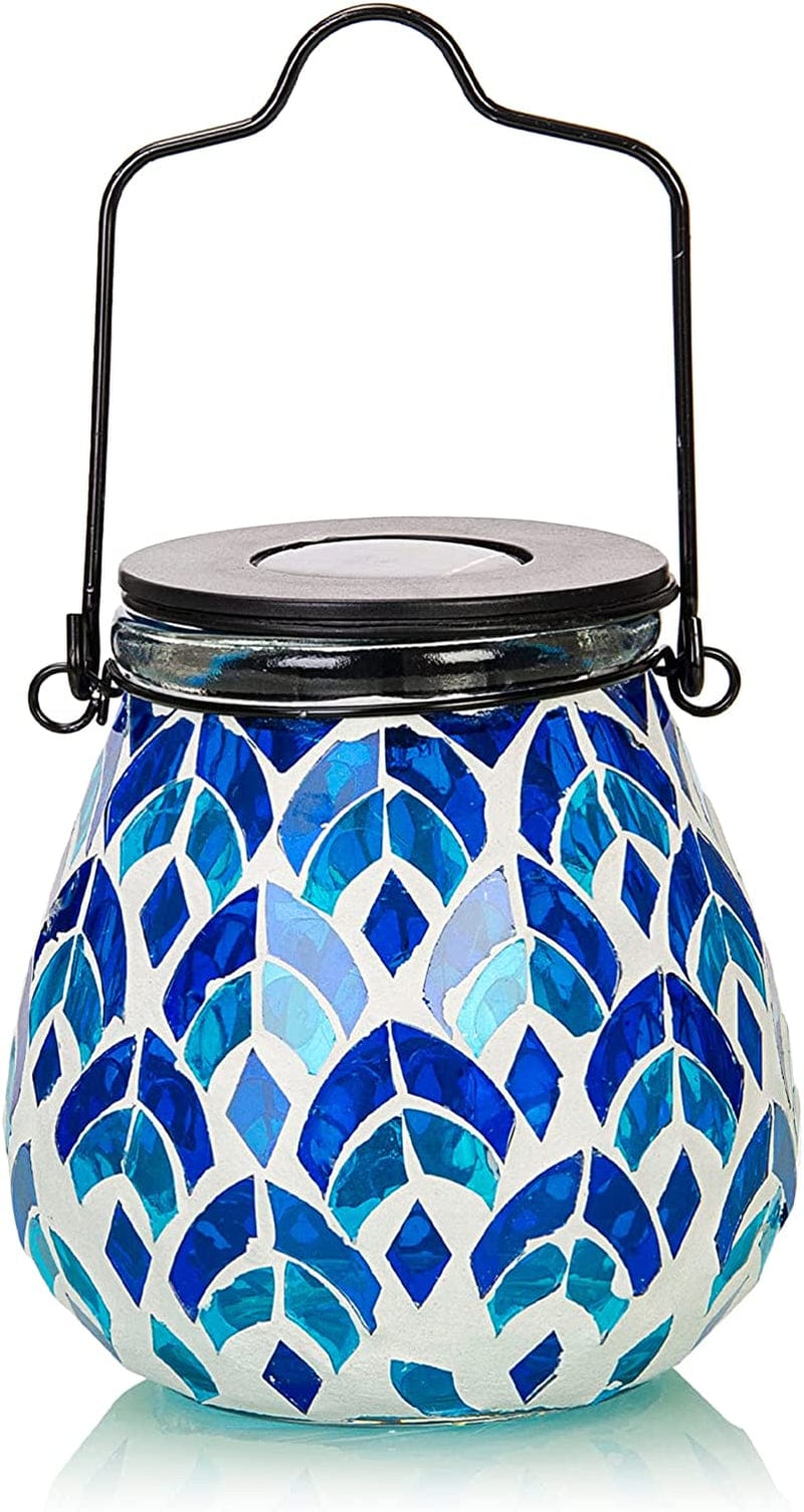 Afirst Mosaic Solar Lanterns Outdood - Glass Hanging Solar Lights Hollow Out Waterproof Table Lamp Outdoor Decorative for Garden, Patio, Holiday Party Outdoor Decoration Home & Garden > Lighting > Lamps Viigarden Blue  