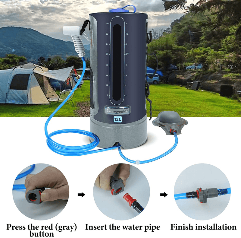 AFISHTOUR Portable Camping Shower Bag, Camping Accessories for Camping Shower, 12L/3.17 Gallons Solar Waterproof Portable outside Shower Bag with Protable Water Pump and Shower Head Hose