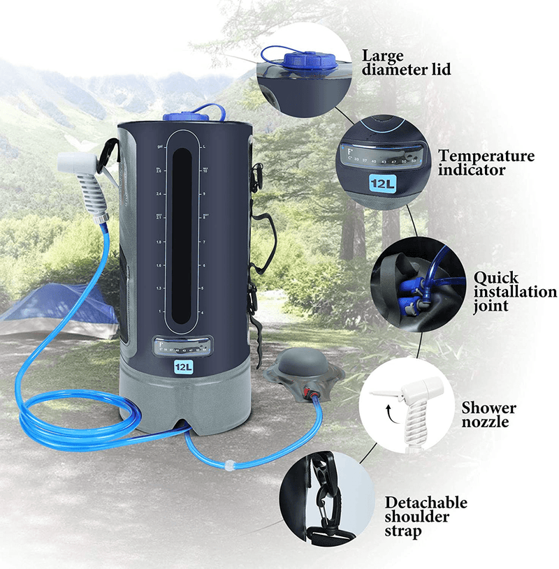 AFISHTOUR Portable Camping Shower Bag, Camping Accessories for Camping Shower, 12L/3.17 Gallons Solar Waterproof Portable outside Shower Bag with Protable Water Pump and Shower Head Hose