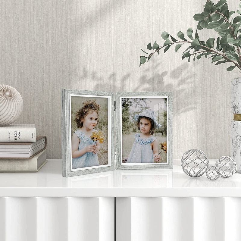 Afuly 5X7 Picture Frame Grey Double Wooden Hinged Photo Frames 2 Openings Tabletop Desk Display Farmhouse Decor Unique Gifts Home & Garden > Decor > Picture Frames Afuly   