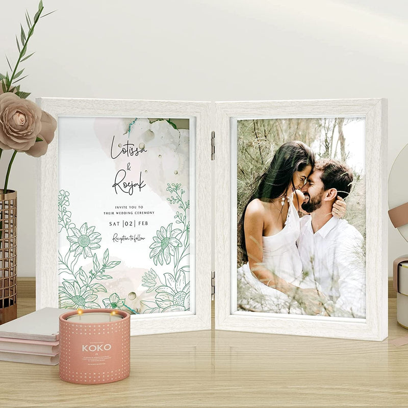 Afuly Double Picture Frame 5X7 White Wooden Hinged Photo Frames Collage Small Shadow Box 2 Openings Elegant Wedding Unique Gifts for Couples Home & Garden > Decor > Picture Frames Afuly   
