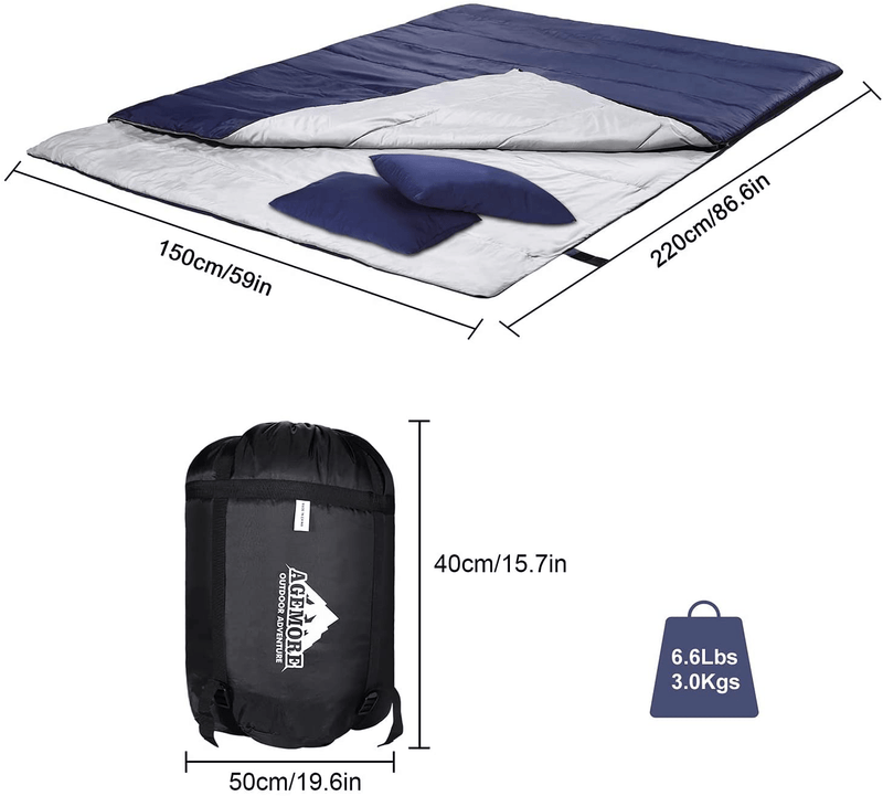 AGEMORE Double Sleeping Bag for Camping, Backpacking or Hiking, Lightweight Waterproof 2 Person Sleeping Bag with 2 Pillow, Queen Size Sleeping Bag for Adults or Teens, Truck, Tent or Sleeping Pad Sporting Goods > Outdoor Recreation > Camping & Hiking > Sleeping Bags AGEMORE   