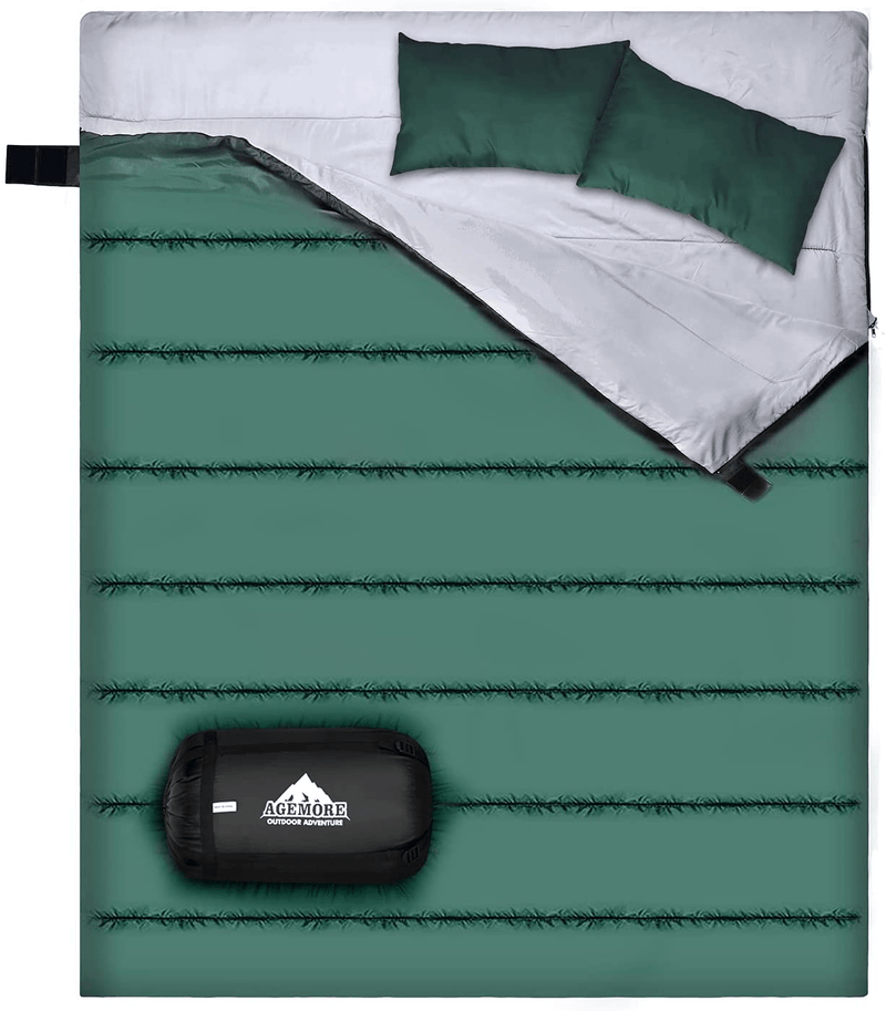 AGEMORE Double Sleeping Bag for Camping, Backpacking or Hiking, Lightweight Waterproof 2 Person Sleeping Bag with 2 Pillow, Queen Size Sleeping Bag for Adults or Teens, Truck, Tent or Sleeping Pad Sporting Goods > Outdoor Recreation > Camping & Hiking > Sleeping Bags AGEMORE Green  