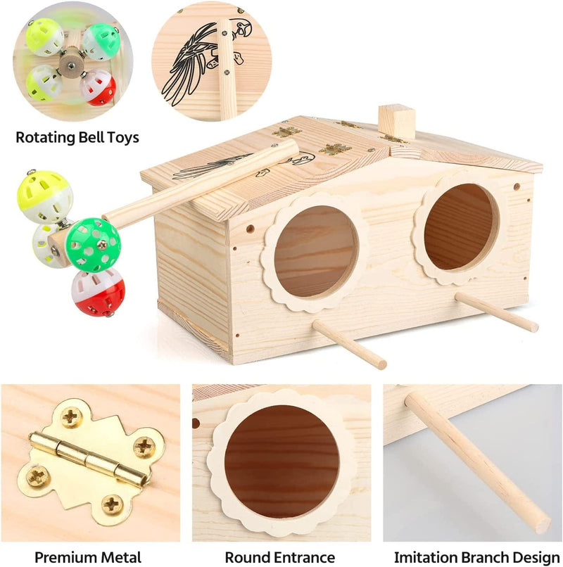 Agokud Hand Crafted Large Parakeet Nesting Box, Wood Budgie Nesting House Bird Parrots Breeding Box Cockatiel Mating Box Cage, Accessories with Coconut Shreds Rotating Bell Toys Finch Lovebirds Animals & Pet Supplies > Pet Supplies > Bird Supplies > Bird Cages & Stands AgoKud   