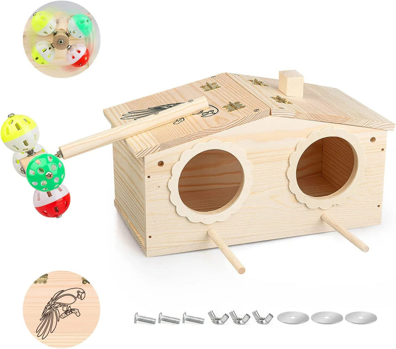 Agokud Hand Crafted Large Parakeet Nesting Box, Wood Budgie Nesting House Bird Parrots Breeding Box Cockatiel Mating Box Cage, Accessories with Coconut Shreds Rotating Bell Toys Finch Lovebirds Animals & Pet Supplies > Pet Supplies > Bird Supplies > Bird Cages & Stands AgoKud Large-2  