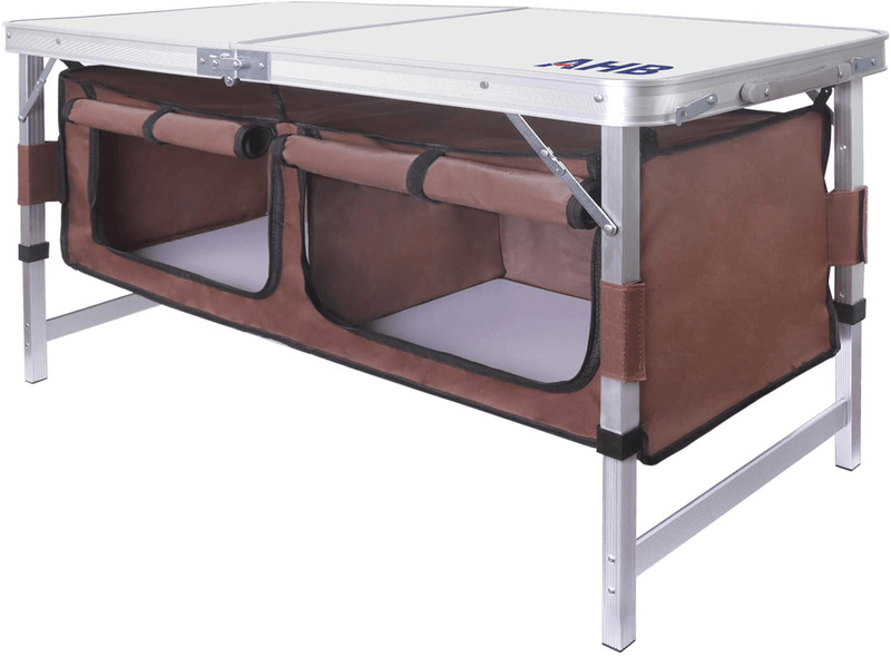 AHB Outdoor Folding Camp Table with Storage Organizer, Aluminum Lightweight Adjustable Picnic Table, Portable Foldable Table for Camping, Picnic, Outdoor Sporting Goods > Outdoor Recreation > Camping & Hiking > Camp Furniture AHB Coffee  