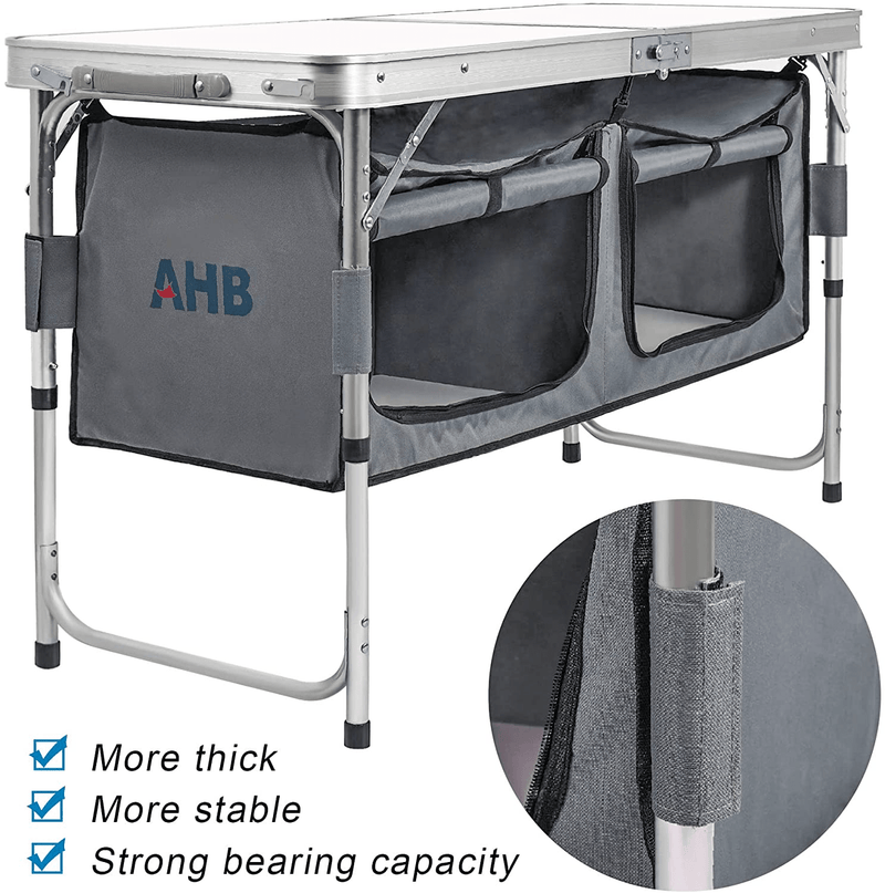 AHB Outdoor Folding Camp Table with Storage Organizer, Aluminum Lightweight Adjustable Picnic Table, Portable Foldable Table for Camping, Picnic, Outdoor