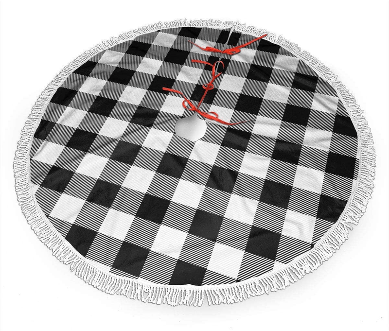 AHOOCUSTOM Black and White 30 in Christmas Tassel Tree Skirt, Versatile Occasion Easy to Change, Funny Halloween Holiday Party Supplies Table Top Tree Mat Cover Decoration Ornaments