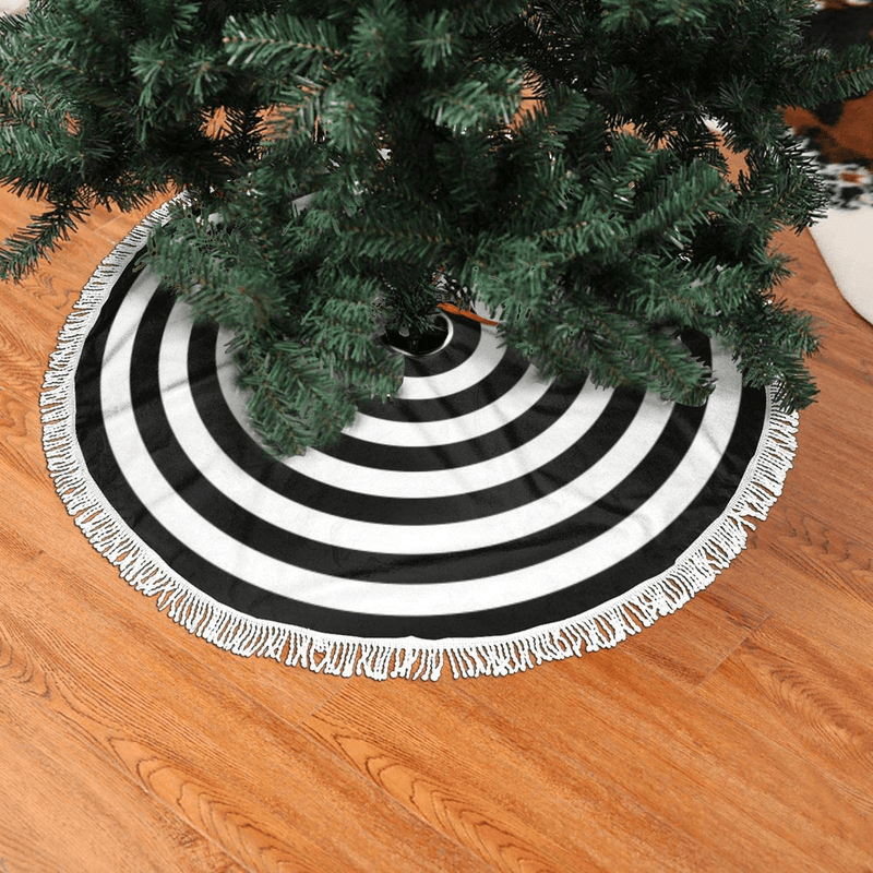 AHOOCUSTOM Black and White 30 in Christmas Tassel Tree Skirt, Versatile Occasion Easy to Change, Funny Halloween Holiday Party Supplies Table Top Tree Mat Cover Decoration Ornaments Home & Garden > Decor > Seasonal & Holiday Decorations > Christmas Tree Skirts AHOOCUSTOM Black and White Ring 48" 
