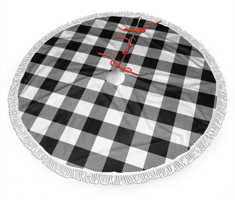 AHOOCUSTOM Black and White 30 in Christmas Tassel Tree Skirt, Versatile Occasion Easy to Change, Funny Halloween Holiday Party Supplies Table Top Tree Mat Cover Decoration Ornaments Home & Garden > Decor > Seasonal & Holiday Decorations > Christmas Tree Skirts AHOOCUSTOM Black and White Plaid 36" 
