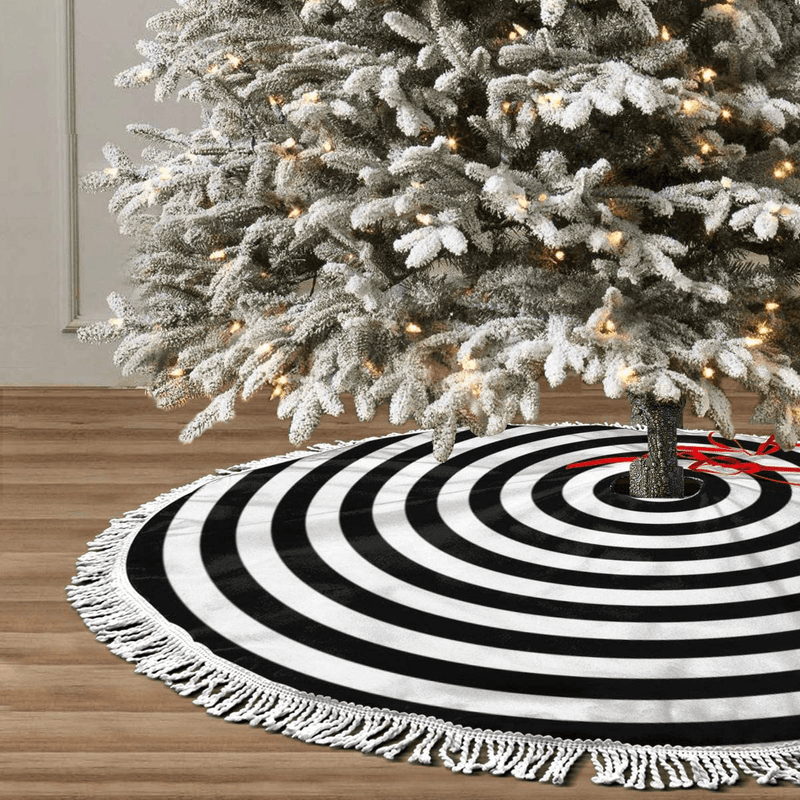 AHOOCUSTOM Black and White 30 in Christmas Tassel Tree Skirt, Versatile Occasion Easy to Change, Funny Halloween Holiday Party Supplies Table Top Tree Mat Cover Decoration Ornaments Home & Garden > Decor > Seasonal & Holiday Decorations > Christmas Tree Skirts AHOOCUSTOM   