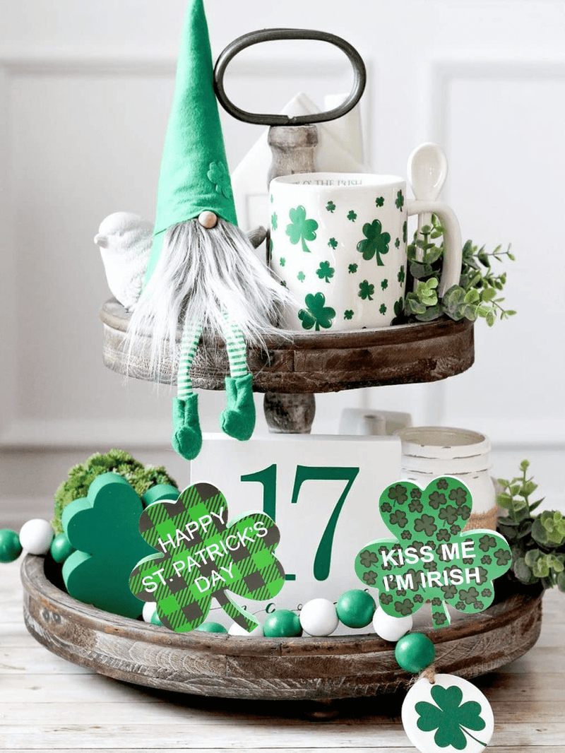 Ahzemepinyo 4 Pieces St. Patrick'S Day Table Wooden Signs Shamrock Wooden Signs Buffalo Plaid Freestanding Table Decorations Shamrock Decor for Desk Office Home Party