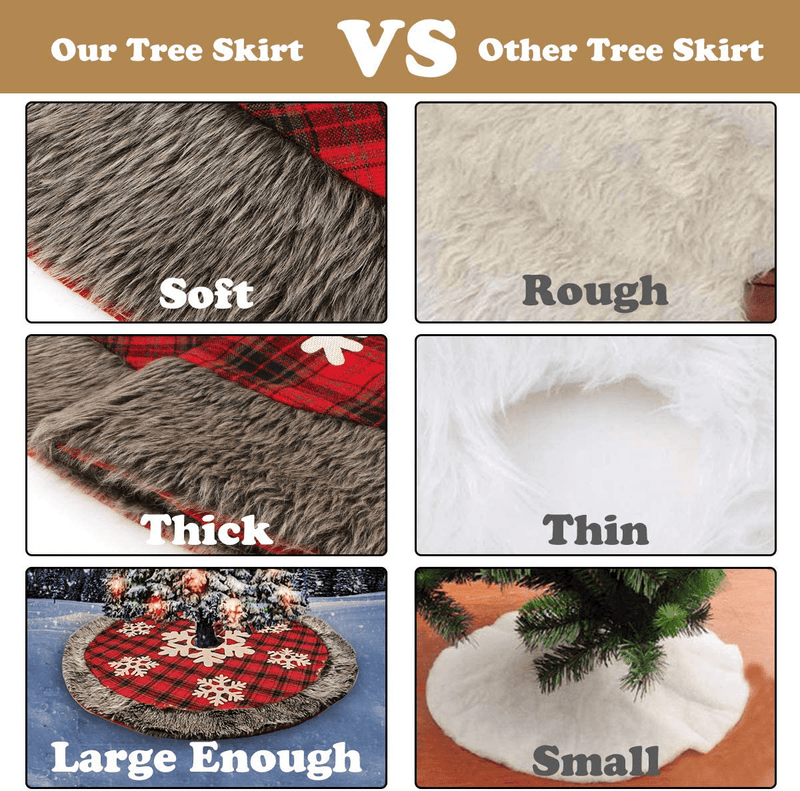 Aiduy Christmas Tree Skirt, 48 Inch Large Buffalo Plaid Christmas Tree Skirt, Rustic Burlap Xmas Tree Skirt with Thick Faux Fur Snowflake