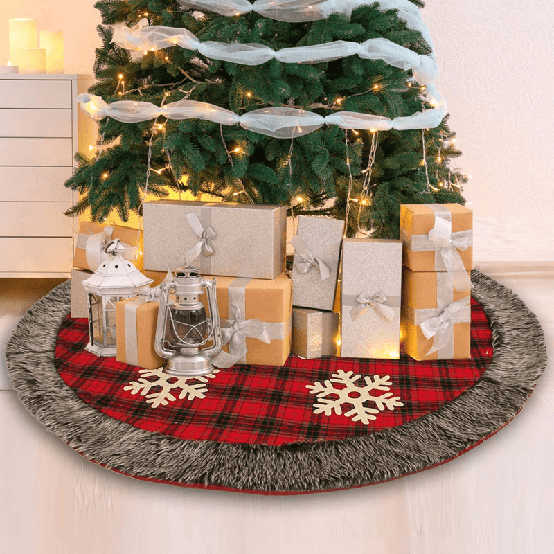 Aiduy Christmas Tree Skirt, 48 Inch Large Buffalo Plaid Christmas Tree Skirt, Rustic Burlap Xmas Tree Skirt with Thick Faux Fur Snowflake