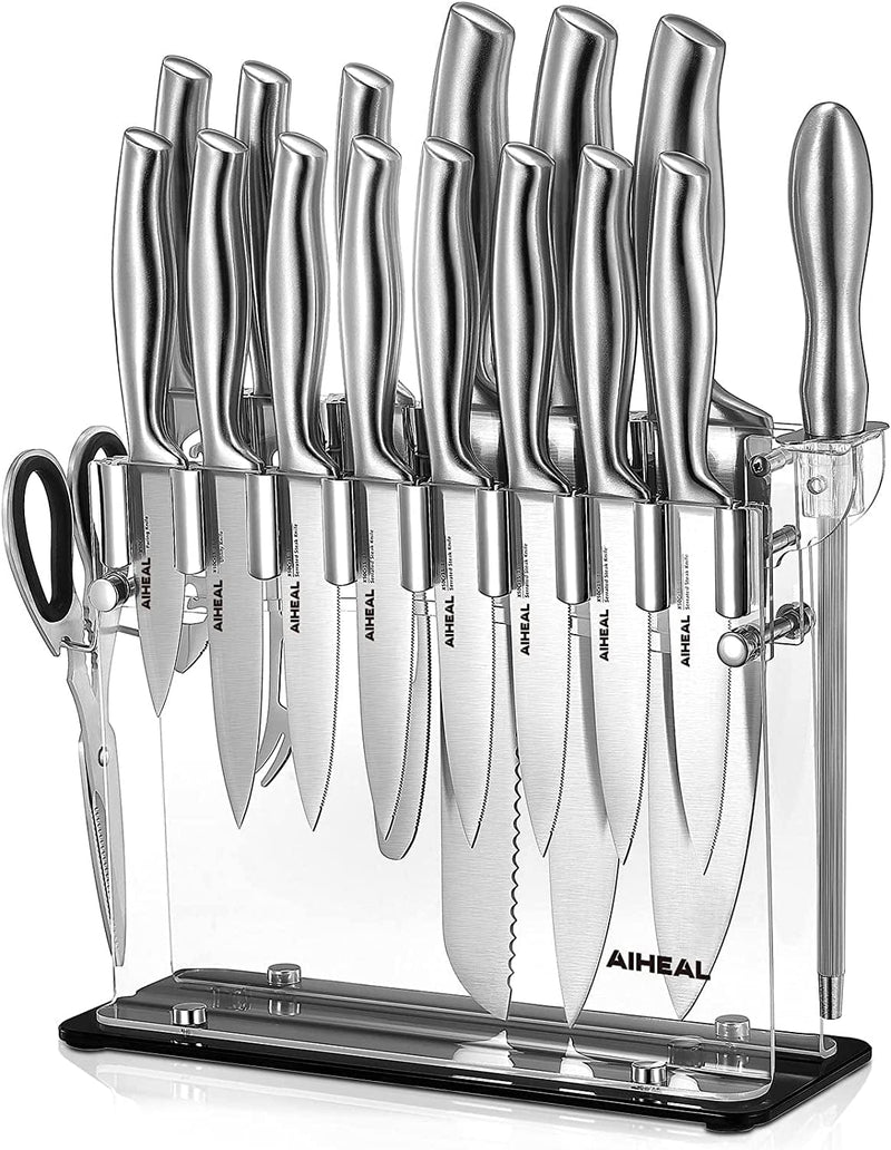 Aiheal Knife Set, 14PCS Stainless Steel Kitchen Knife Set with Clear Knife Block, No Rust and Super Sharp Cutlery Knife Set in One Piece Design with Knife Sharpener for Kitchen, Serrated Steak Knives Home & Garden > Kitchen & Dining > Kitchen Tools & Utensils > Kitchen Knives Aiheal 17PCS  