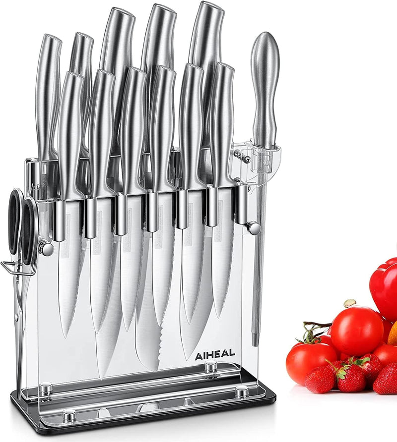 Aiheal Knife Set, 14PCS Stainless Steel Kitchen Knife Set with Clear Knife Block, No Rust and Super Sharp Cutlery Knife Set in One Piece Design with Knife Sharpener for Kitchen, Serrated Steak Knives Home & Garden > Kitchen & Dining > Kitchen Tools & Utensils > Kitchen Knives Aiheal 14PCS  