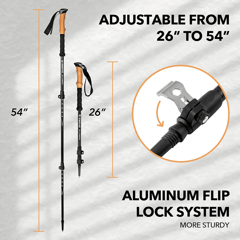 Aihoye Carbon Fiber Trekking Poles - Lightweight Collapsible Walking or Hiking Sticks with Natural Cork Grips and Quick Locks, All Terrain Accessories and Carry Bag