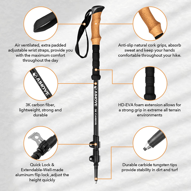 Aihoye Carbon Fiber Trekking Poles - Lightweight Collapsible Walking or Hiking Sticks with Natural Cork Grips and Quick Locks, All Terrain Accessories and Carry Bag