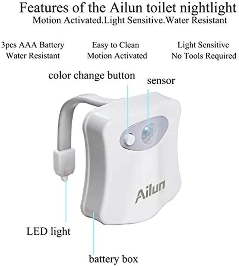 Ailun Toilet Night Light 3Pack Motion Activated LED Light 8 Colors Changing Toilet Bowl Illuminate Nightlight for Bathroom Battery Not Included Perfect Decorating Combination with Faucet Light