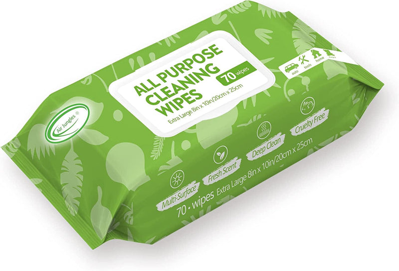 Air Jungles All Purpose Car and Home Cleaning Wipes 70 Count (Pack of 1), Extra Large 8" X 10" Size Cleaner Wipes for Car Interior Household Appliance Kitchen Dust Yoga Mat Desk Gym Equipment Couch Desk & More