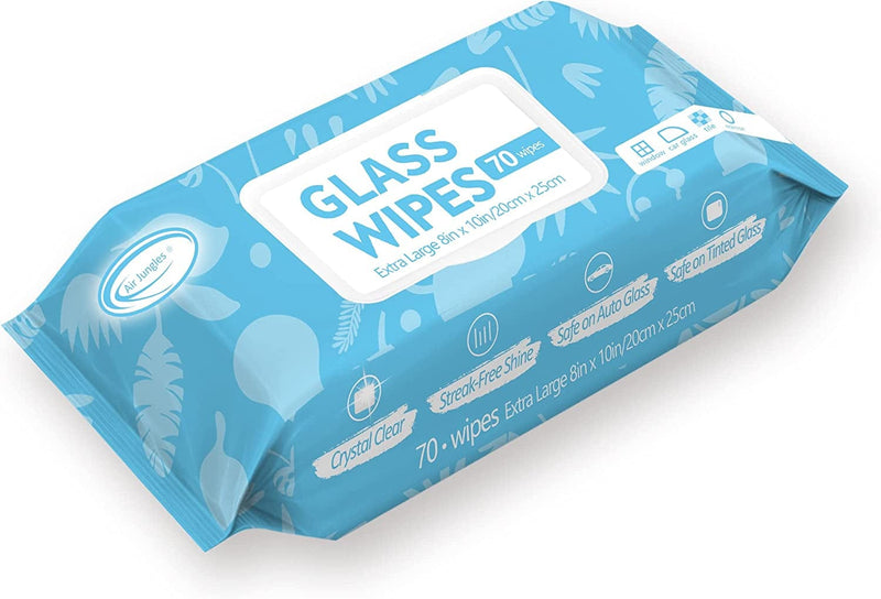 Air Jungles Glass and Window Cleaner Wipes 70 Count (Pack of 1), Extra Large 8" X 10" Size Multi-Surface Streak Free Glass Cleaning Wipes for Car Windshield Headlight Mirror Tile Household Appliance