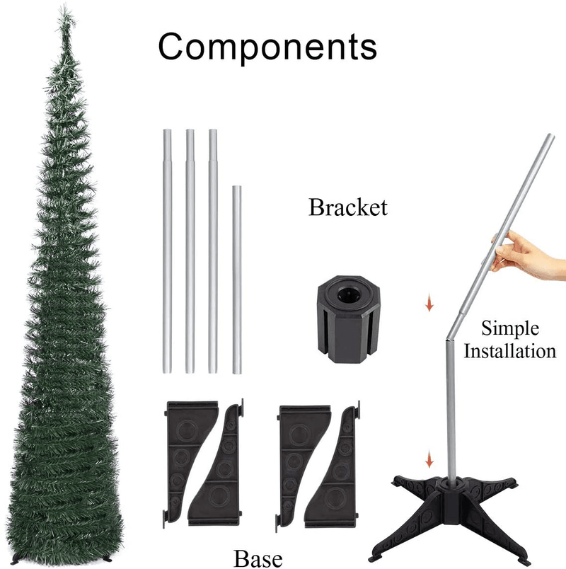 Airelon 5FT Pop Up Christmas Decoration Green Tinsel Trees Reflective Sequins, Collapsible Artificial Pencil Slim Tree Stand Easy-Assembly Reusable for Home Decoration(Green)