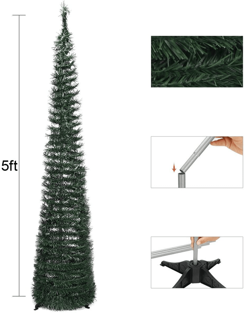 Airelon 5FT Pop Up Christmas Decoration Green Tinsel Trees Reflective Sequins, Collapsible Artificial Pencil Slim Tree Stand Easy-Assembly Reusable for Home Decoration(Green)