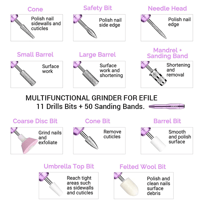 AIRSEE Portable Electric Nail Drill Professional Efile Nail Drill Kit For Acrylic, Gel Nails, Manicure Pedicure Polishing Shape Tools with 11Pcs Nail Drill Bits and 56 Sanding Bands  AIRSEE   