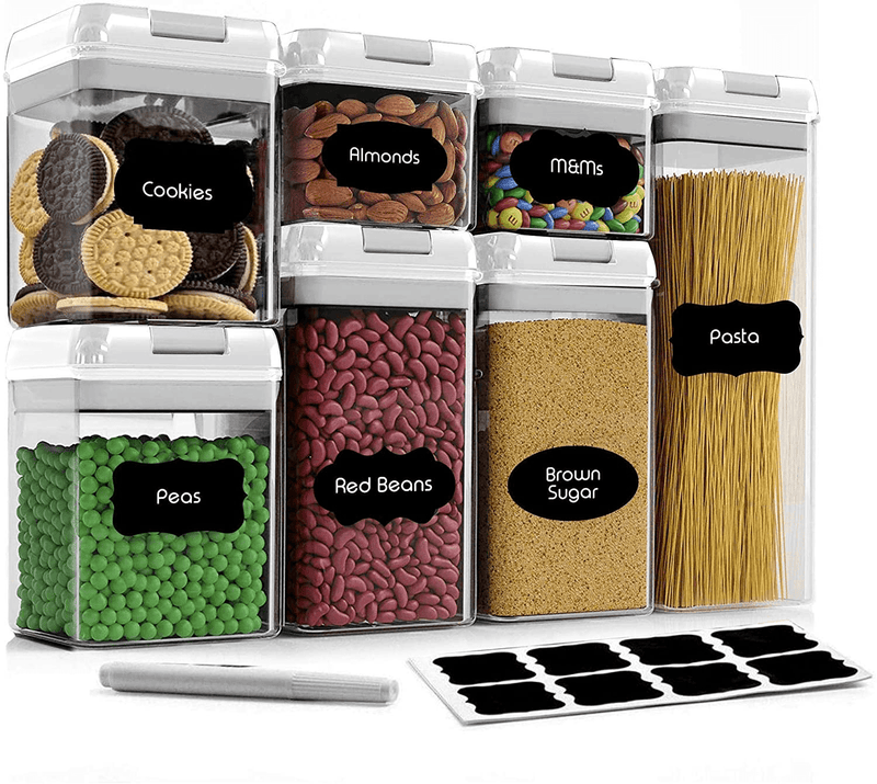 Airtight Food Storage Container Set-Cineyo-7 Piece Set Clear Plastic Canisters for Cereal, Flour with Easy Lock Lids, for Kitchen Pantry Organization and Storage, Include Labels and Marker (White)