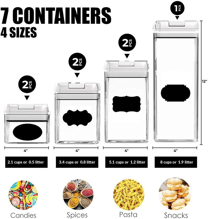 Airtight Food Storage Container Set-Cineyo-7 Piece Set Clear Plastic Canisters for Cereal, Flour with Easy Lock Lids, for Kitchen Pantry Organization and Storage, Include Labels and Marker (White)