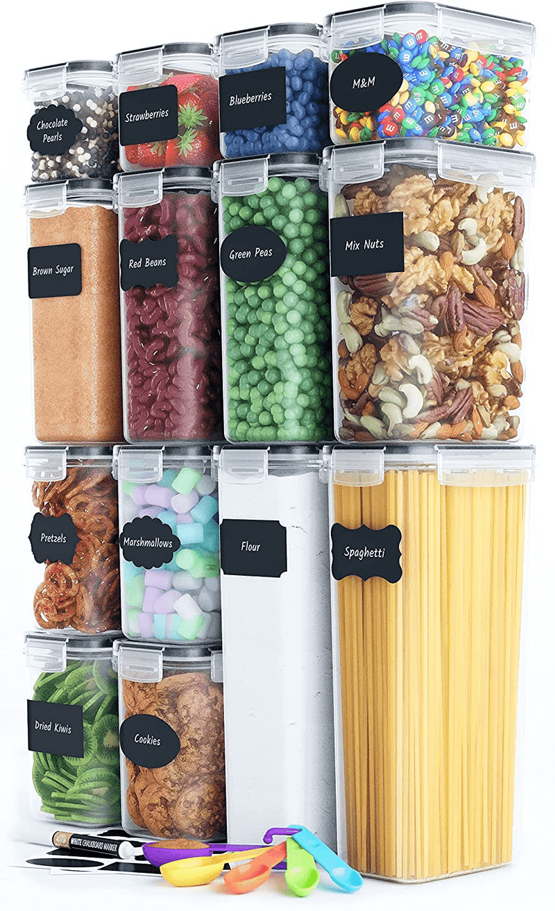 Airtight Food Storage Containers 14 Pack - Kitchen Pantry Organization and Storage, Bpa-Free, Plastic Canisters with Durable Lids Ideal for Cereal, Flour & Sugar - Includes Labels, Marker & Spoon Set