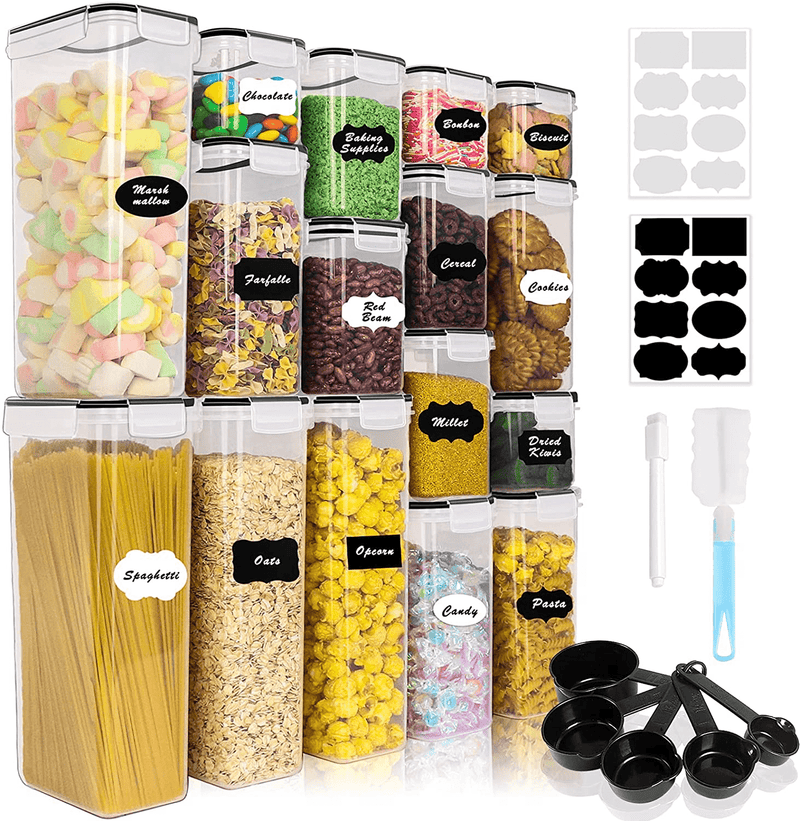 Airtight Food Storage Containers Set, 16PCS BPA Free Plastic Dry Food Canisters with Lids, Kitchen Pantry Organization, Ideal for Organizing Cereal, Flour - 16 Labels, Marker, Spoon Set&Clean Brush Home & Garden > Kitchen & Dining > Food Storage Auliand Black  