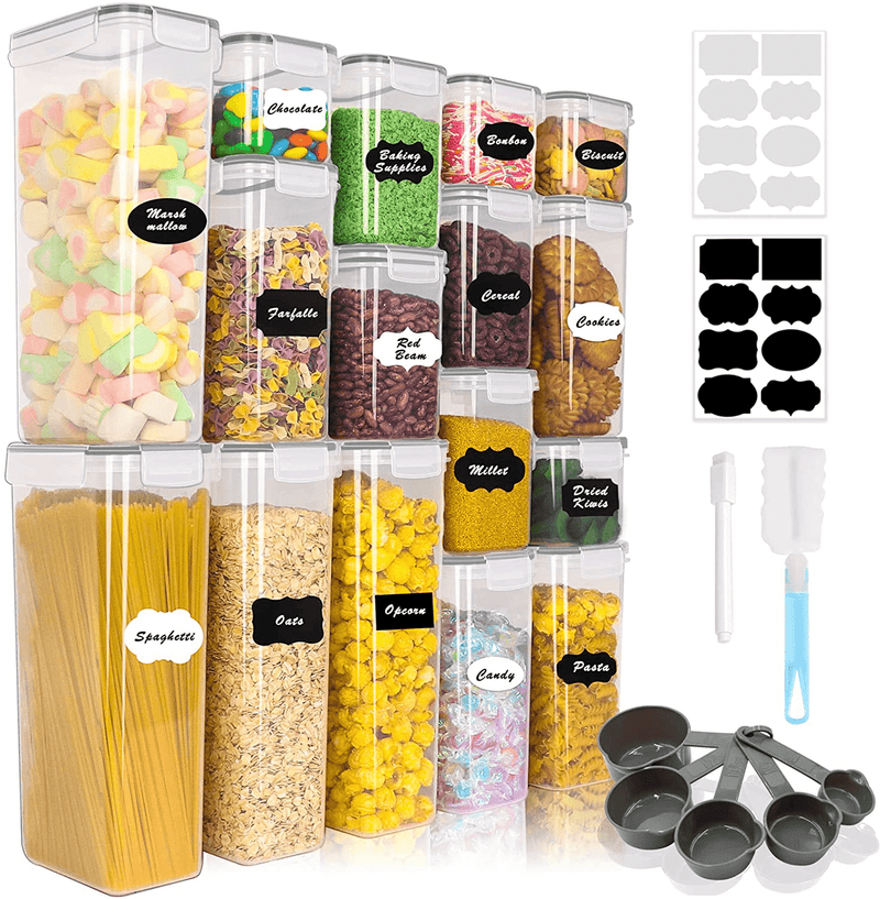 Airtight Food Storage Containers Set, 16PCS BPA Free Plastic Dry Food Canisters with Lids, Kitchen Pantry Organization, Ideal for Organizing Cereal, Flour - 16 Labels, Marker, Spoon Set&Clean Brush Home & Garden > Kitchen & Dining > Food Storage Auliand Gray  