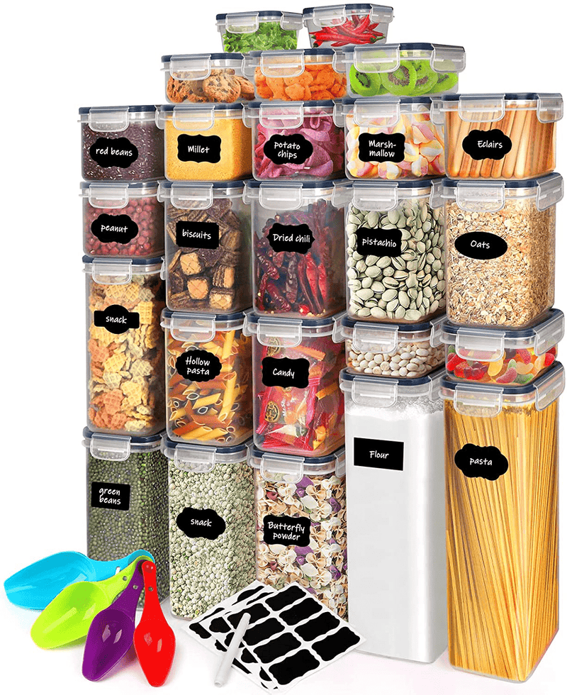 Airtight Food Storage Containers Set [25 Pack] Kitchen & Pantry Organization Containers for Dry Food, Flour & Sugar, BPA Free Plastic Cereal Container with Easy Lock Lids, Labels, Marker & Spoon Set