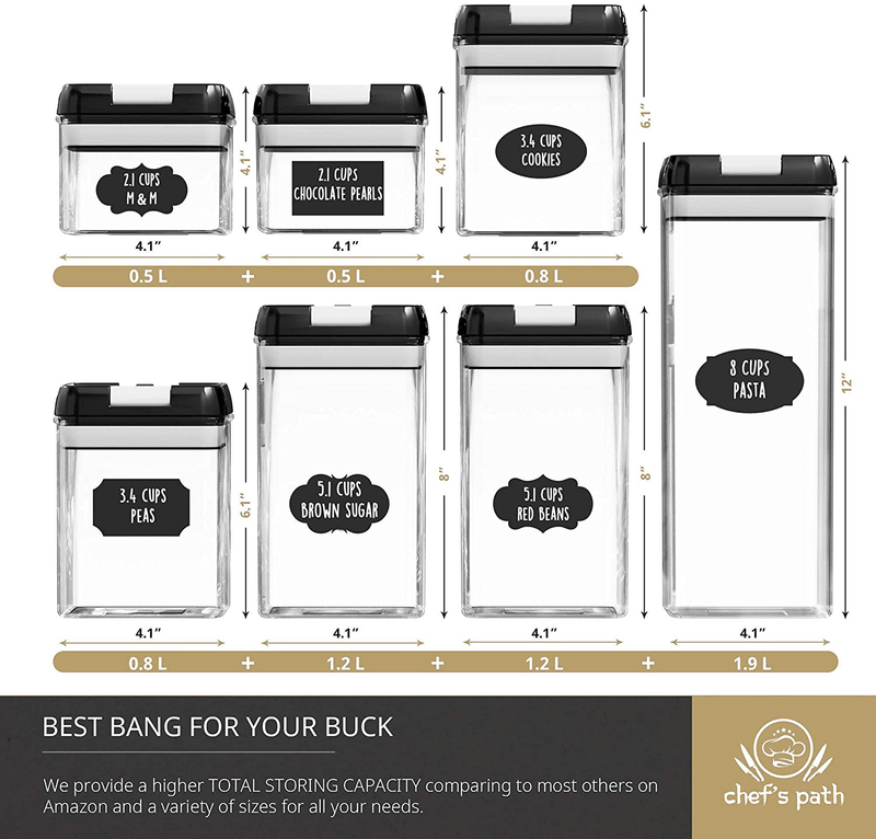 Airtight Food Storage Containers Set - 7 PC - Pantry Organization and Storage 100% Airtight, BPA Free Clear Plastic, Kitchen Canisters for Flour, Sugar and Cereal, Labels & Marker (Black) Home & Garden > Kitchen & Dining > Food Storage Chef's Path   