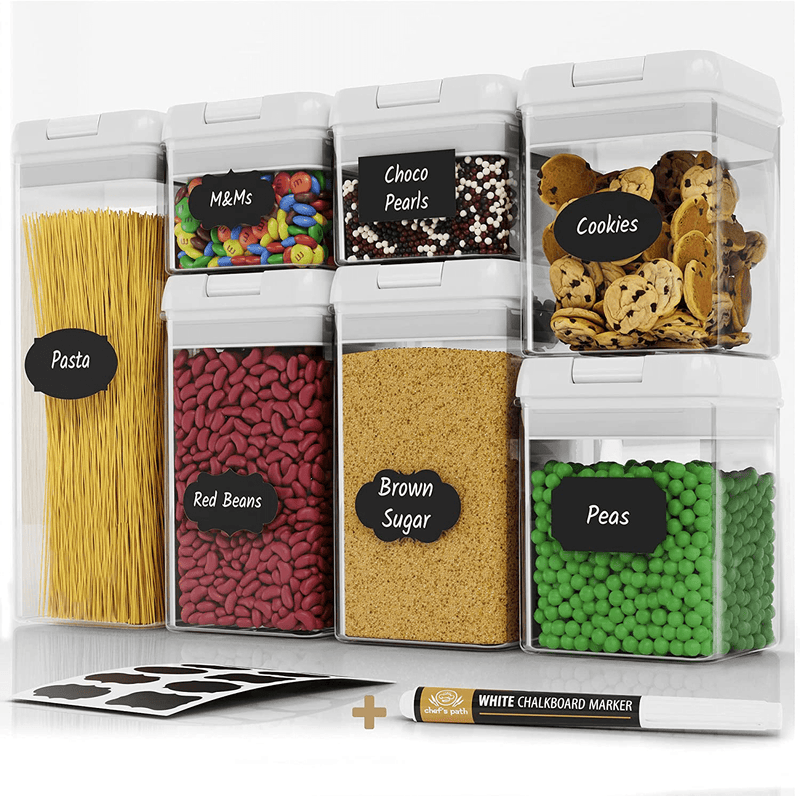 Airtight Food Storage Containers Set - 7 PC - Pantry Organization and Storage 100% Airtight, BPA Free Clear Plastic, Kitchen Canisters for Flour, Sugar and Cereal, Labels & Marker (Black) Home & Garden > Kitchen & Dining > Food Storage Chef's Path White  