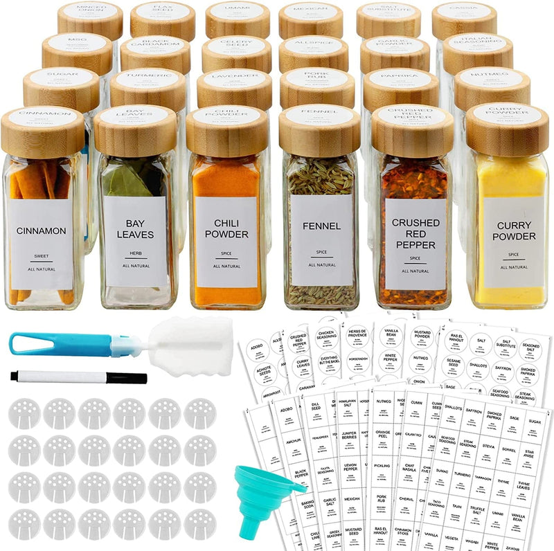 AISIPRIN 24 Pcs Glass Spice Jars with Bamboo Airtight Lids and 398 Labels, 4Oz Empty Square Containers Seasoning Storage Bottles - Shaker Lids, Funnel, Brush and Marker Included Home & Garden > Decor > Decorative Jars AISIPRIN Square - Thick Glass  
