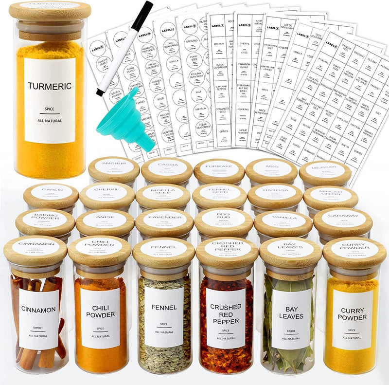 AISIPRIN 24 Pcs Glass Spice Jars with Bamboo Airtight Lids and 398 Labels, 4Oz Empty Square Containers Seasoning Storage Bottles - Shaker Lids, Funnel, Brush and Marker Included Home & Garden > Decor > Decorative Jars AISIPRIN Round - Borosilicate Glass  