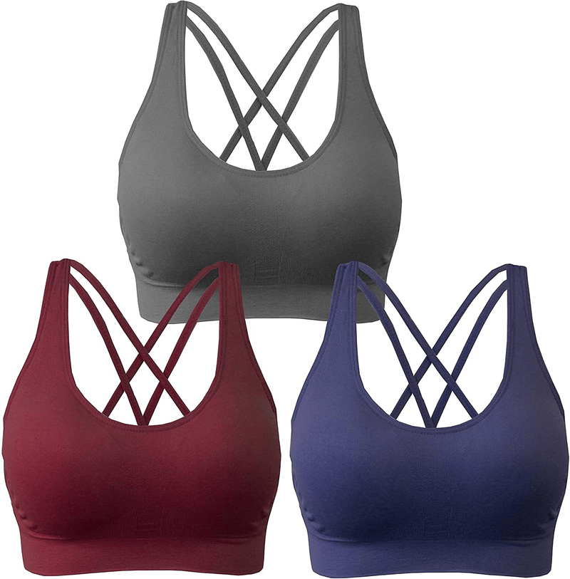 AKAMC 3 Pack Women's Medium Support Cross Back Wirefree Removable Cups Yoga Sport Bra Apparel & Accessories > Clothing > Underwear & Socks > Bras AKAMC 3 Pack Style Kd06 Large 