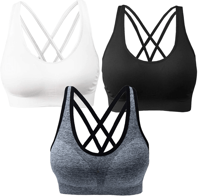 AKAMC 3 Pack Women's Medium Support Cross Back Wirefree Removable Cups Yoga Sport Bra Apparel & Accessories > Clothing > Underwear & Socks > Bras AKAMC 3 Pack Style K-10 3X-Large 