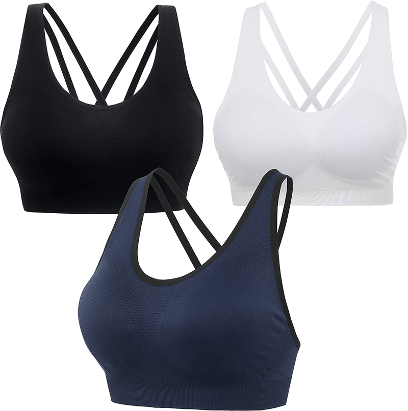 AKAMC 3 Pack Women's Medium Support Cross Back Wirefree Removable Cups Yoga Sport Bra Apparel & Accessories > Clothing > Underwear & Socks > Bras AKAMC 3 Pack Dk01 3X-Large 