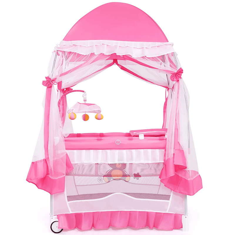 AKUSTIK All-In-1 Baby Pack and Play, Nursery Center with Detachable Bassinet Bed, Mosquito Net, Changing Table, Toys, Wheels and Brake, Carry Bag, Double Layer Baby Playard for Novice Parents (Pink) Sporting Goods > Outdoor Recreation > Camping & Hiking > Mosquito Nets & Insect Screens AKUSTIK   