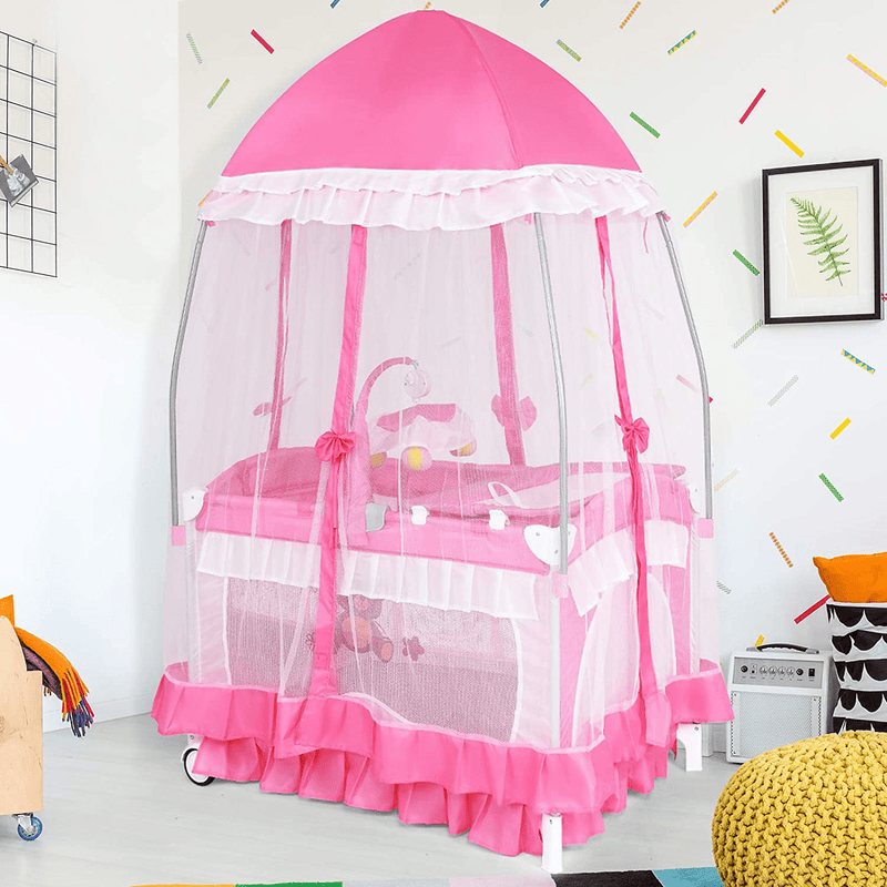 AKUSTIK All-In-1 Baby Pack and Play, Nursery Center with Detachable Bassinet Bed, Mosquito Net, Changing Table, Toys, Wheels and Brake, Carry Bag, Double Layer Baby Playard for Novice Parents (Pink) Sporting Goods > Outdoor Recreation > Camping & Hiking > Mosquito Nets & Insect Screens AKUSTIK   