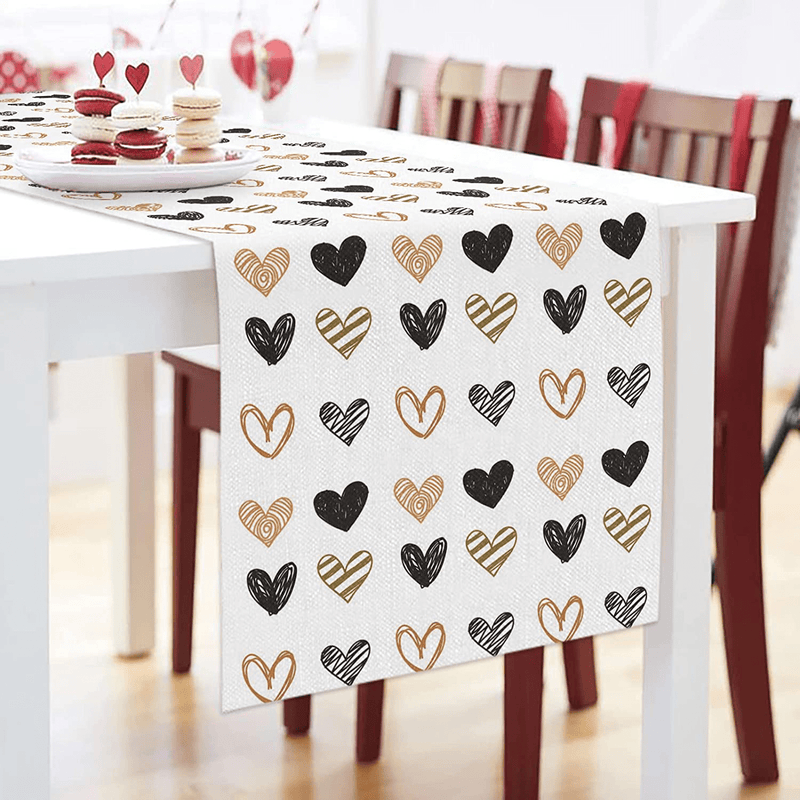 ALAGO Valentine Table Runner Love Heart Shapes Hand Draw Table Linens Cotton Non-Slip Runners for Home Kitchen Party Wedding Decorations 14" X 72", Valentine'S Day Love Heart Table Runner Home & Garden > Decor > Seasonal & Holiday Decorations ALAGO   